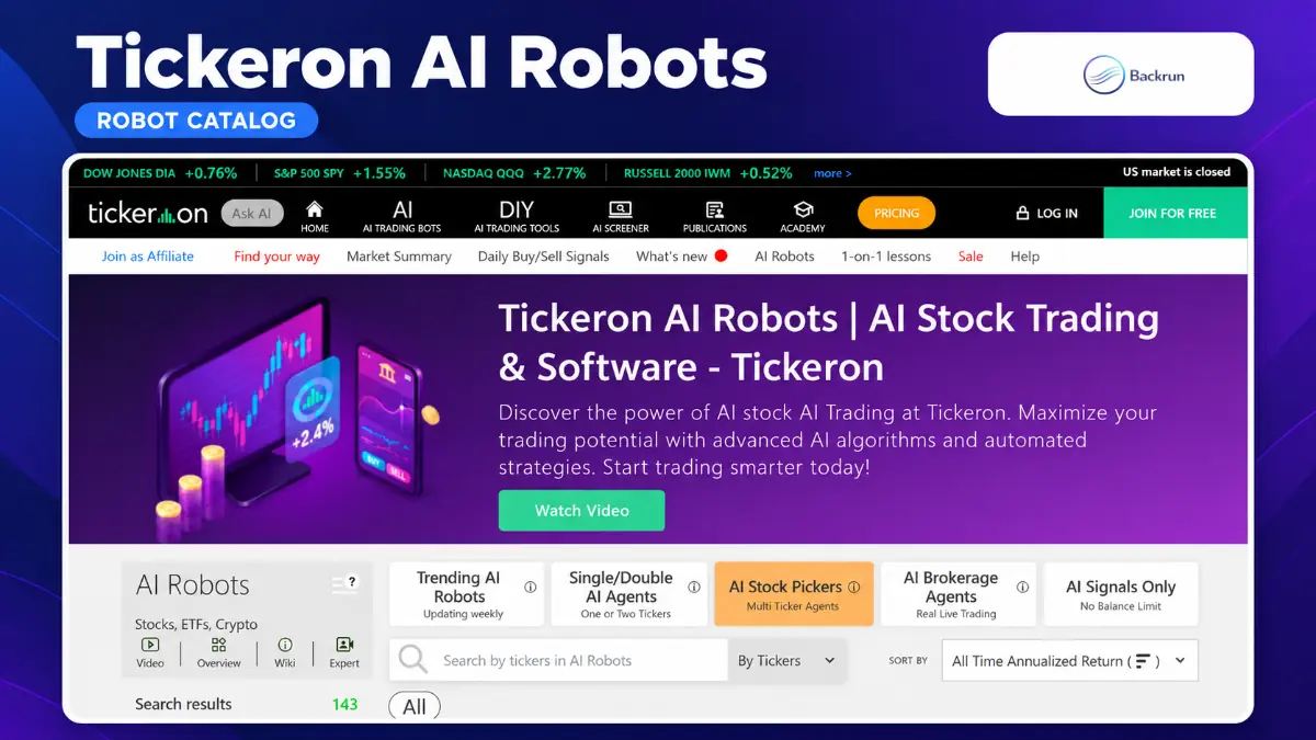 Tickeron AI Robots official page listing stock trading agents