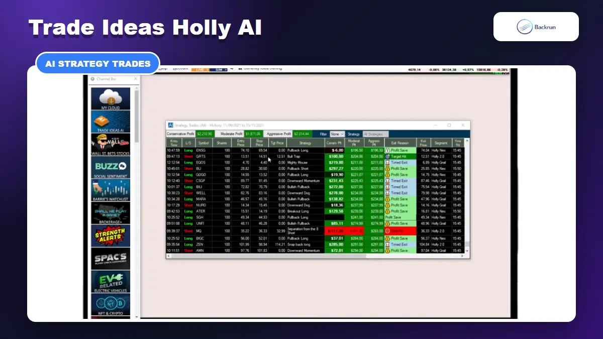 Trade Ideas Holly AI Strategy Trades window showing intraday trade history