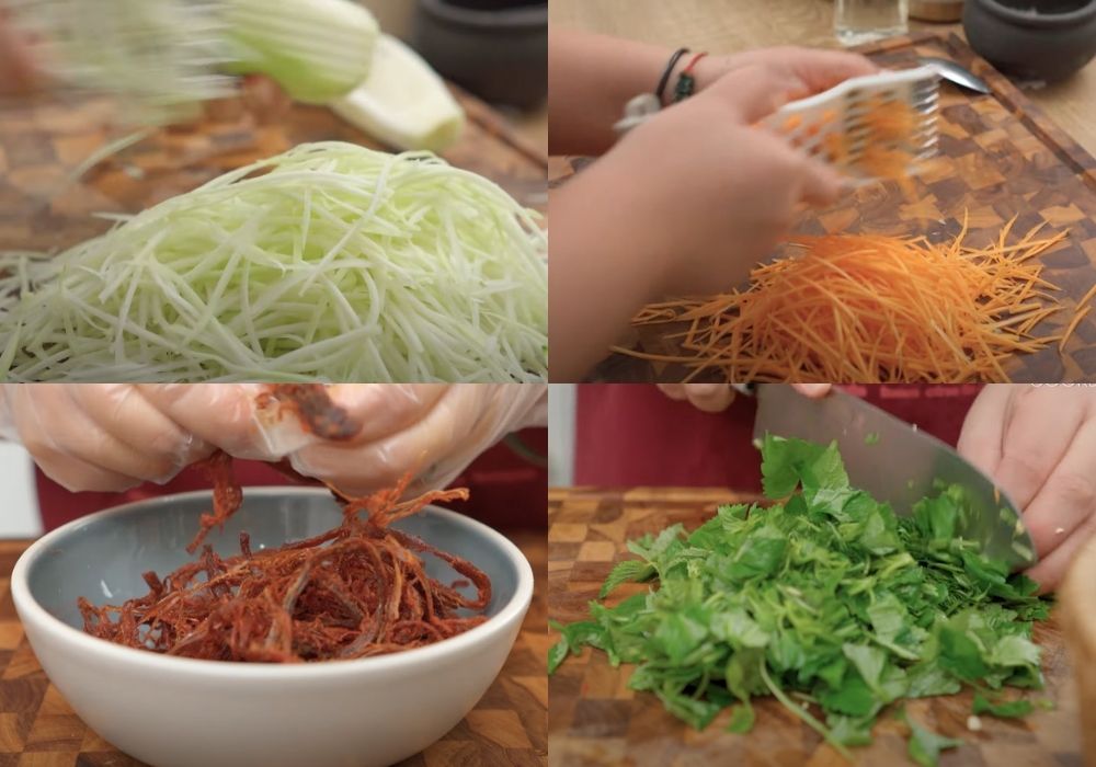 Nguyên liệu làm nộm khô bò chay gồm đu đủ xanh, cà rốt, rau thơm và khô bò chay
