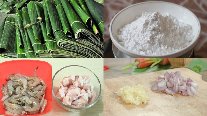 Nguyên liệu làm bánh bột lọc Huế chay: bột năng, nấm, đậu hũ, lá chuối