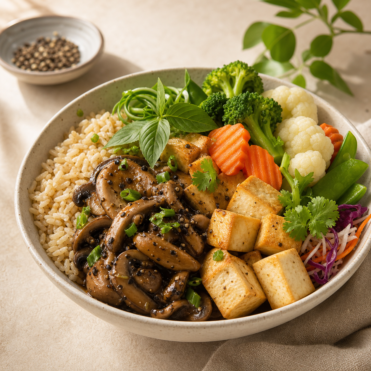 Cơm gạo lứt nấm sốt tiêu