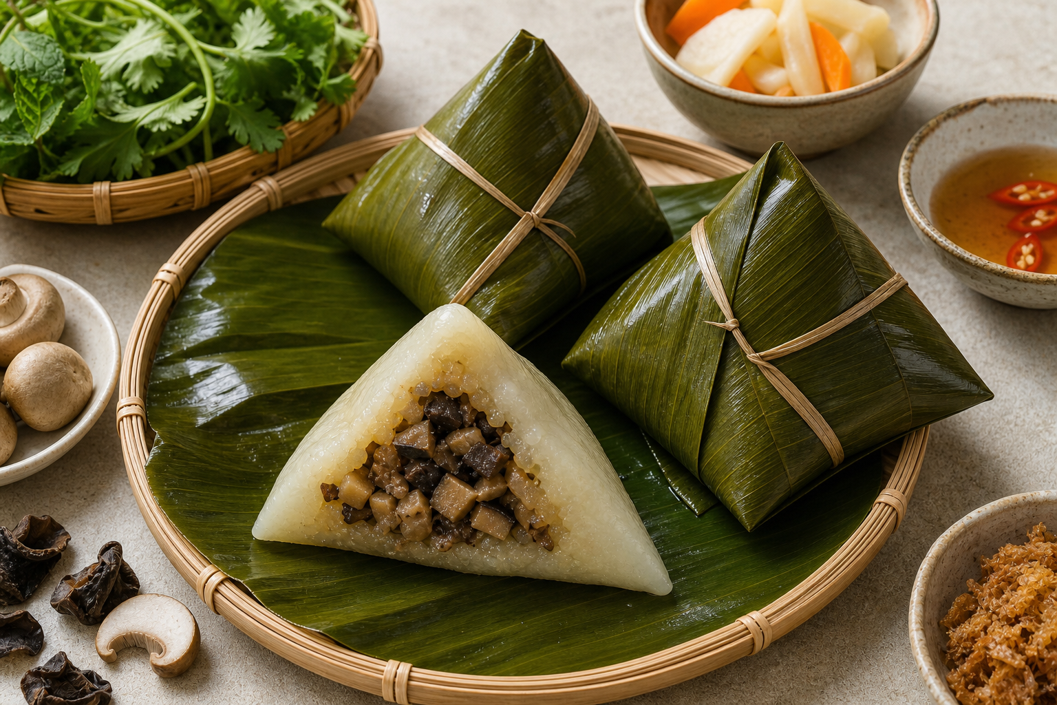 Bánh giò chay được hâm nóng lại trong xửng hấp