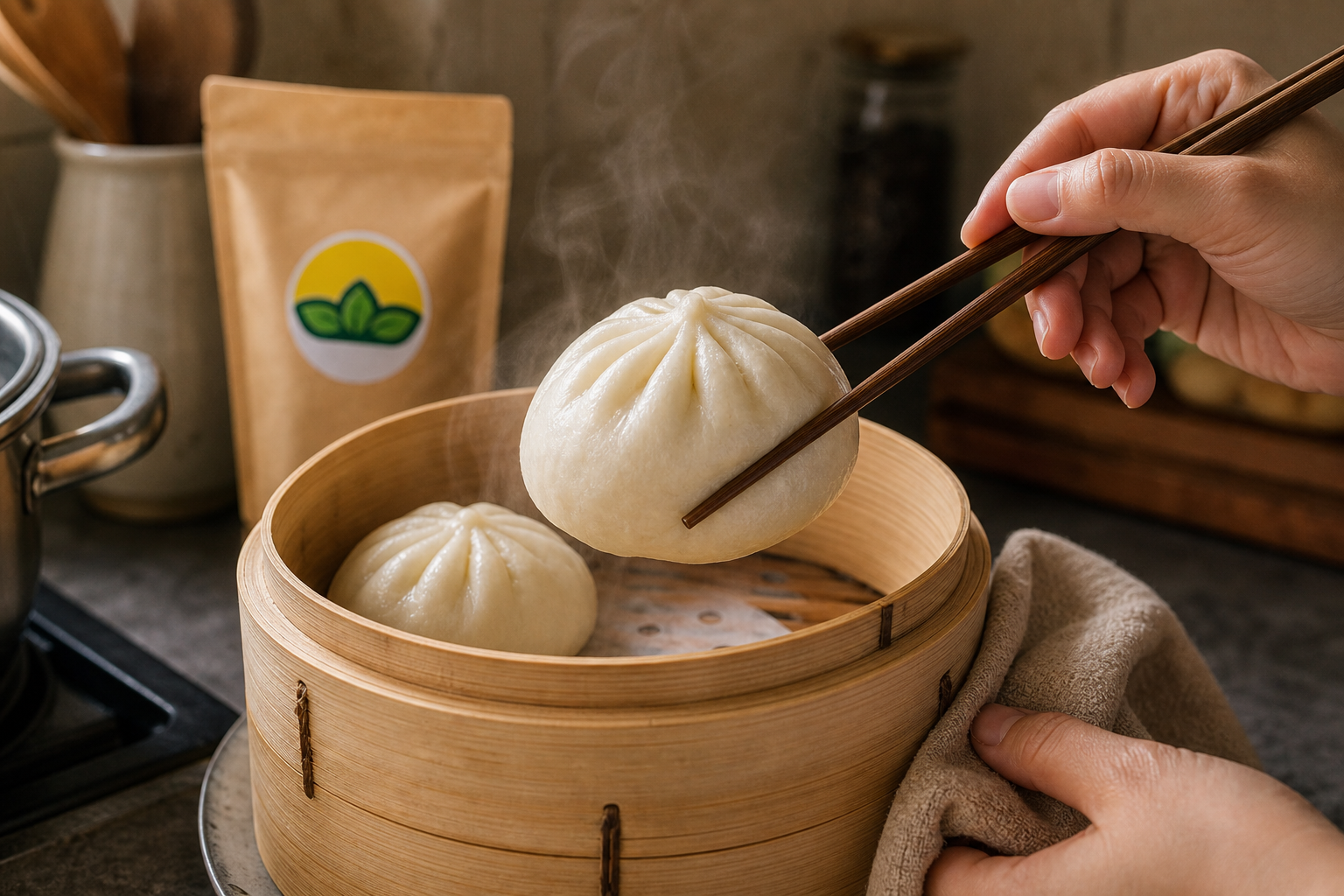 Tay người gắp bánh bao chay từ xửng hấp