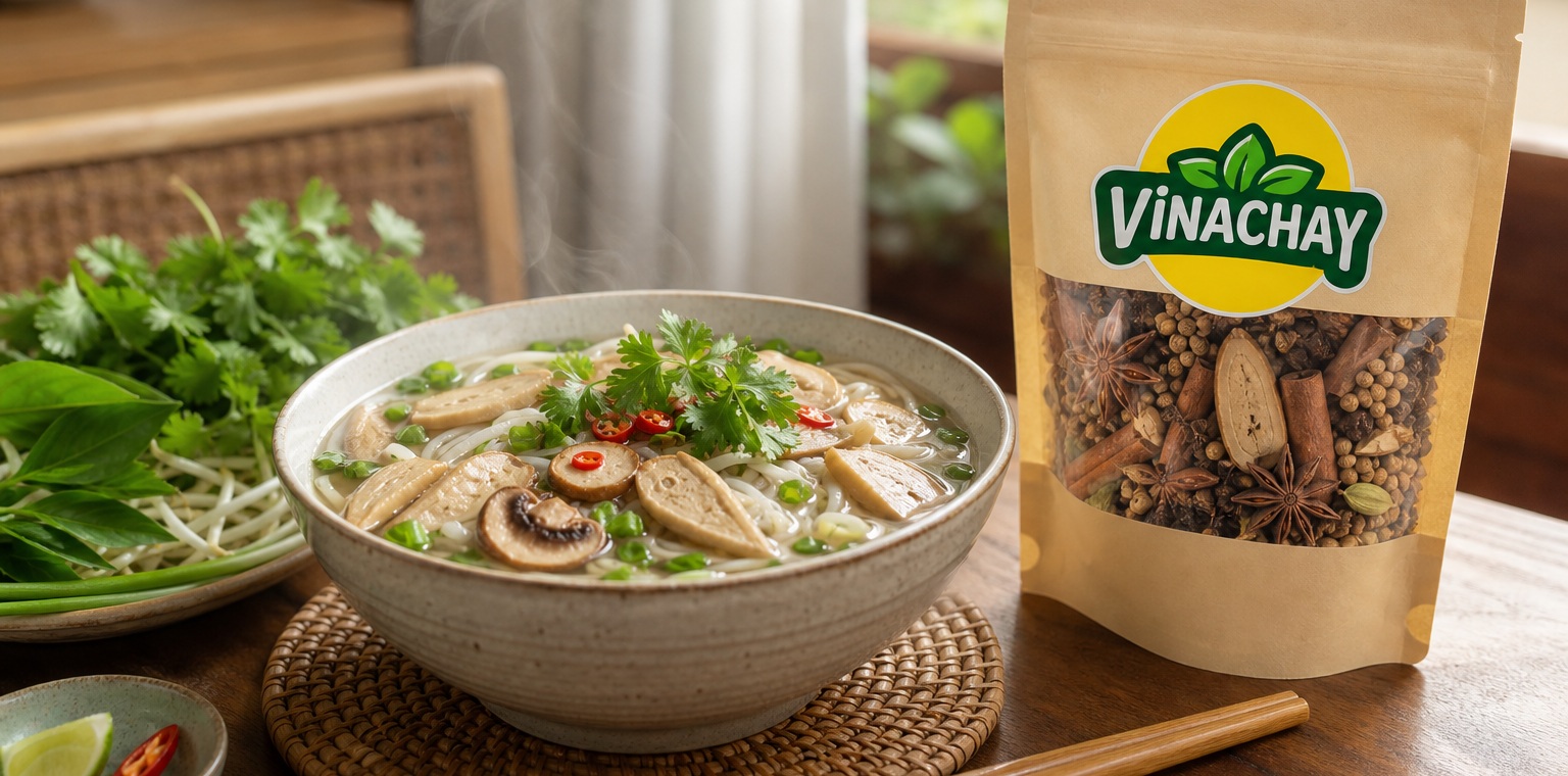 Bát phở chay cạnh gói gia vị Vinachay trong bối cảnh bàn ăn thật