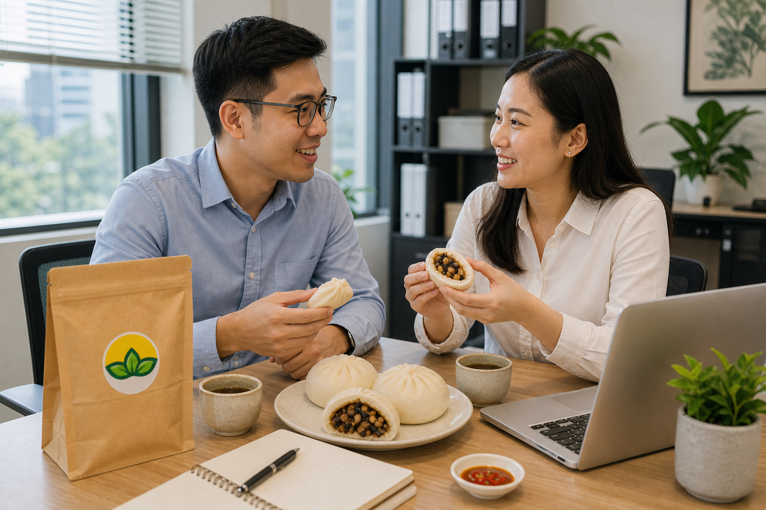 Một bữa nhẹ có bánh bao chay trong bối cảnh chia sẻ cùng người khác