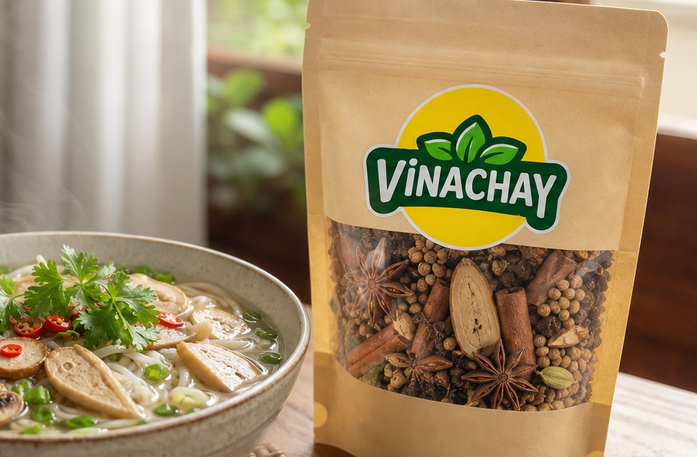 Gói gia vị phở Vinachay đặt cạnh bát phở chay